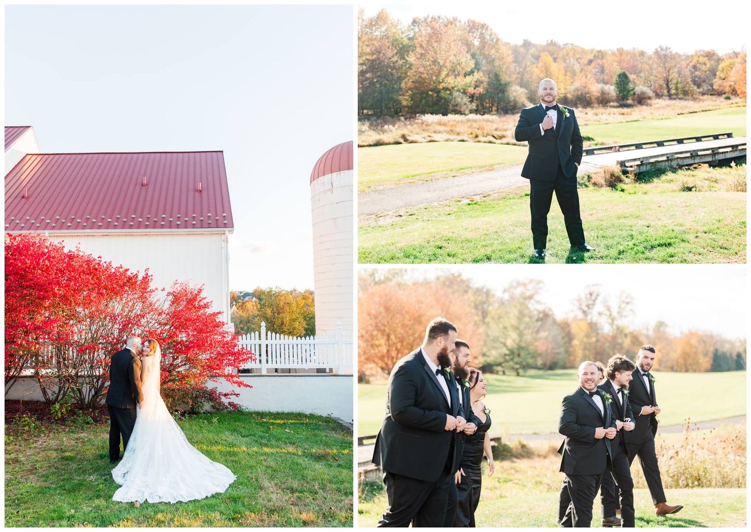 Wedding party candid moments captured outside venue with red autumn trees in background.