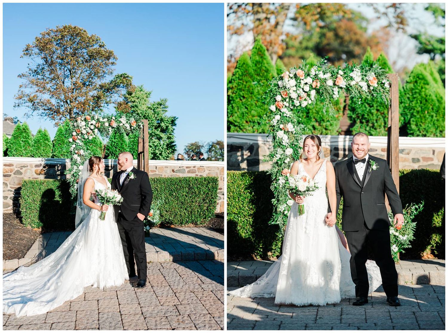 A couple in formal wedding attire standing together on a stone patio with trees in the background.