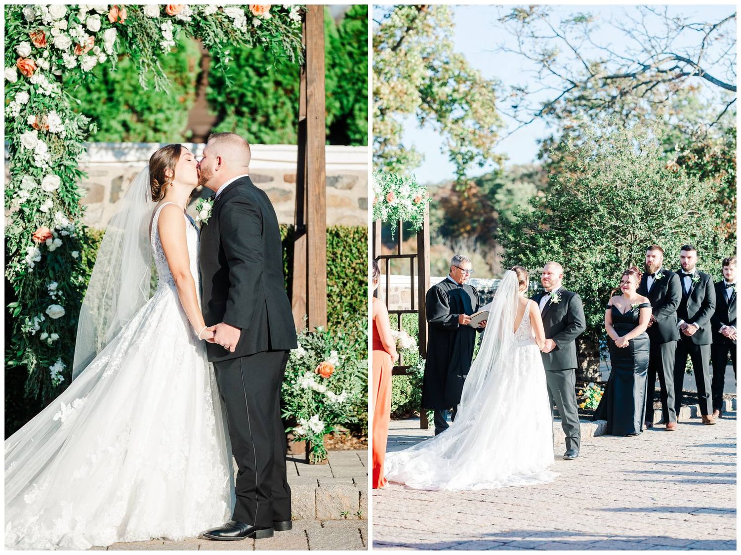 Wedding party gathers in a lush garden setting for formal outdoor ceremony and portrait photographs.