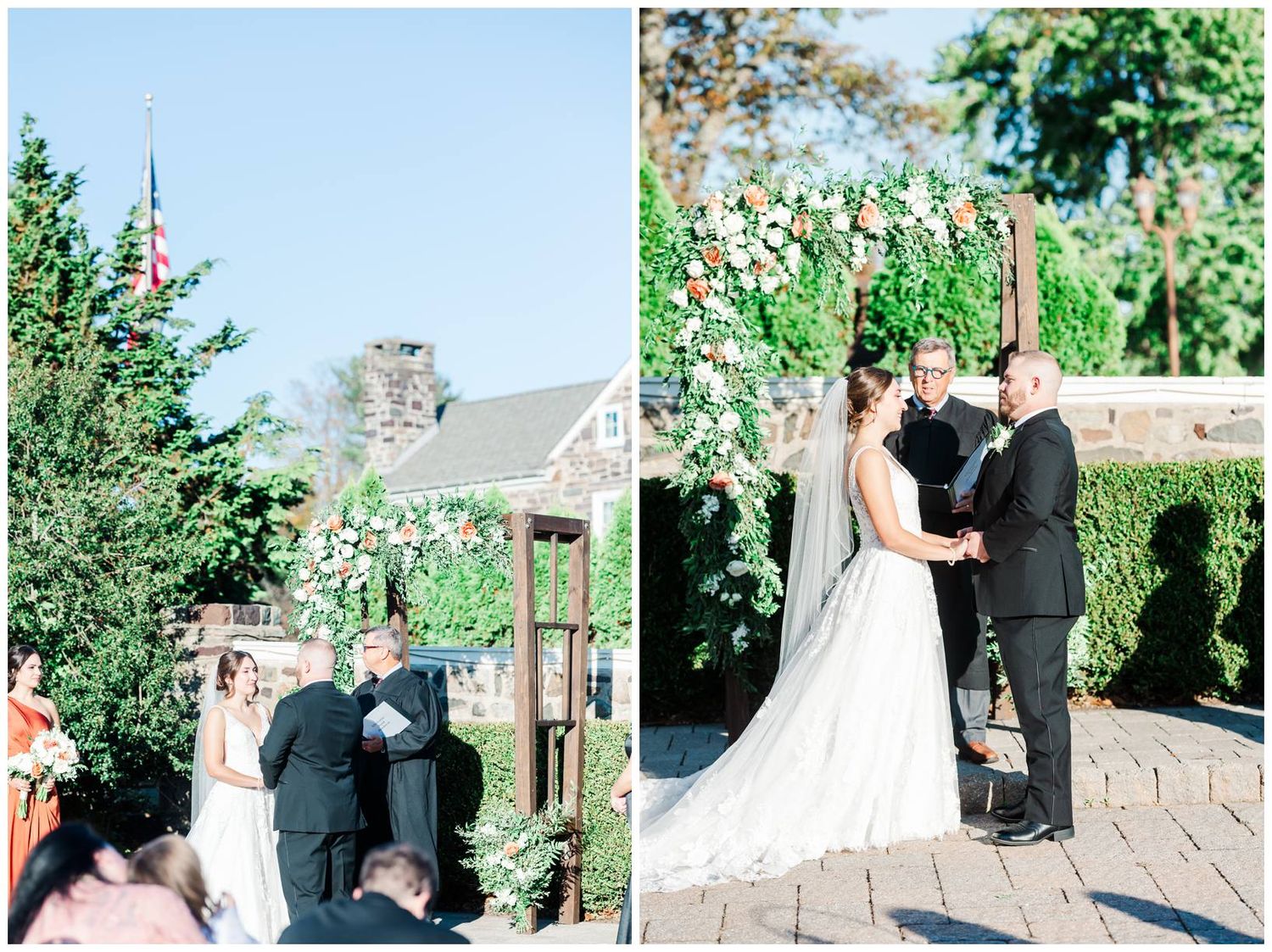 Outdoor wedding ceremony in a lush garden setting with greenery.