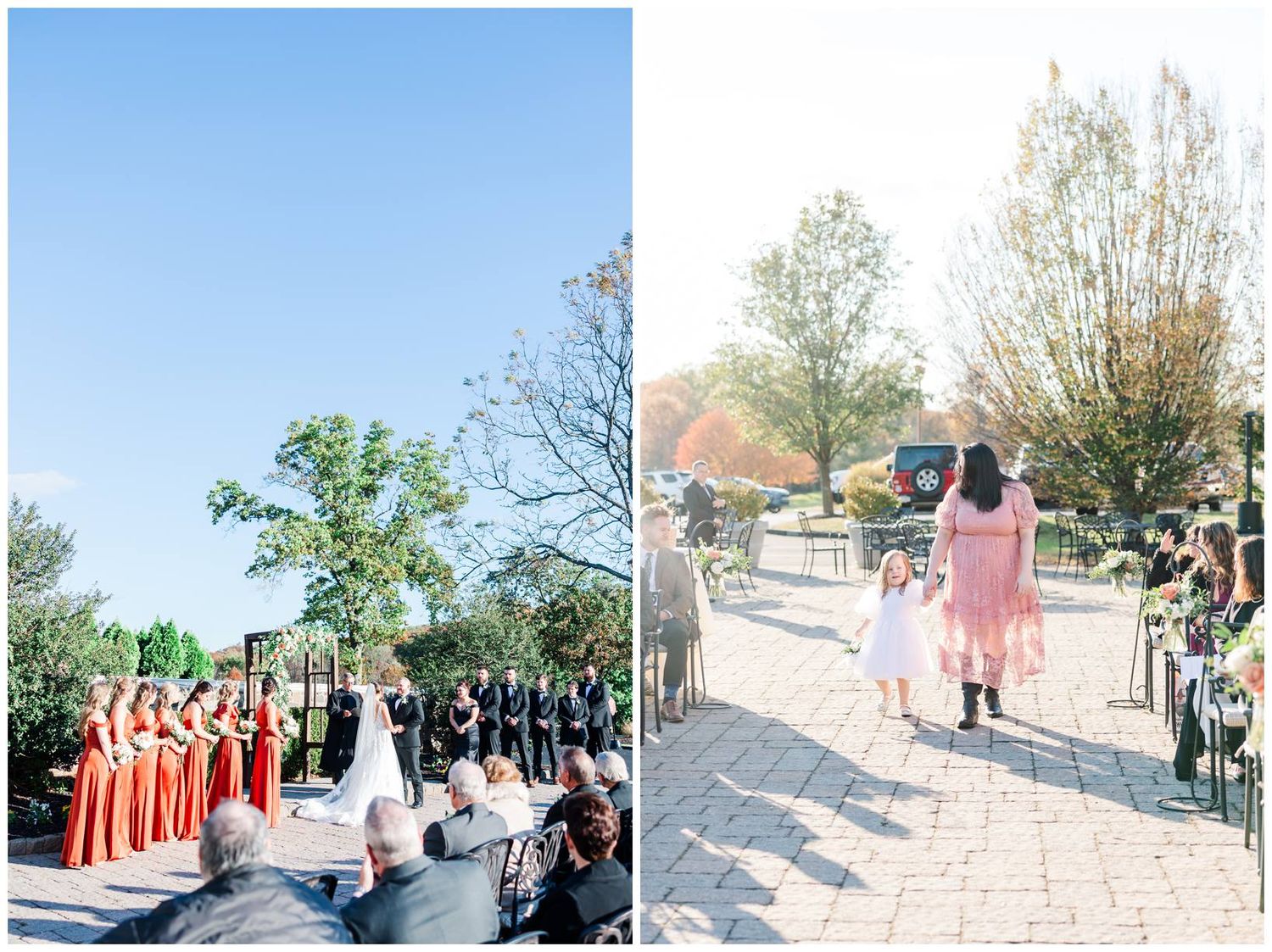 Outdoor wedding ceremony and group photos taken on a bright spring day with formal attire.