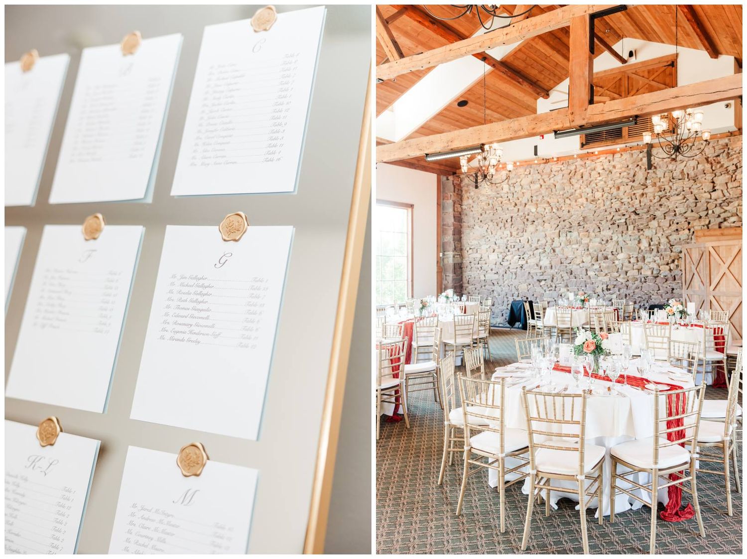 Wedding seating chart display with elegant white frames against brick wall.