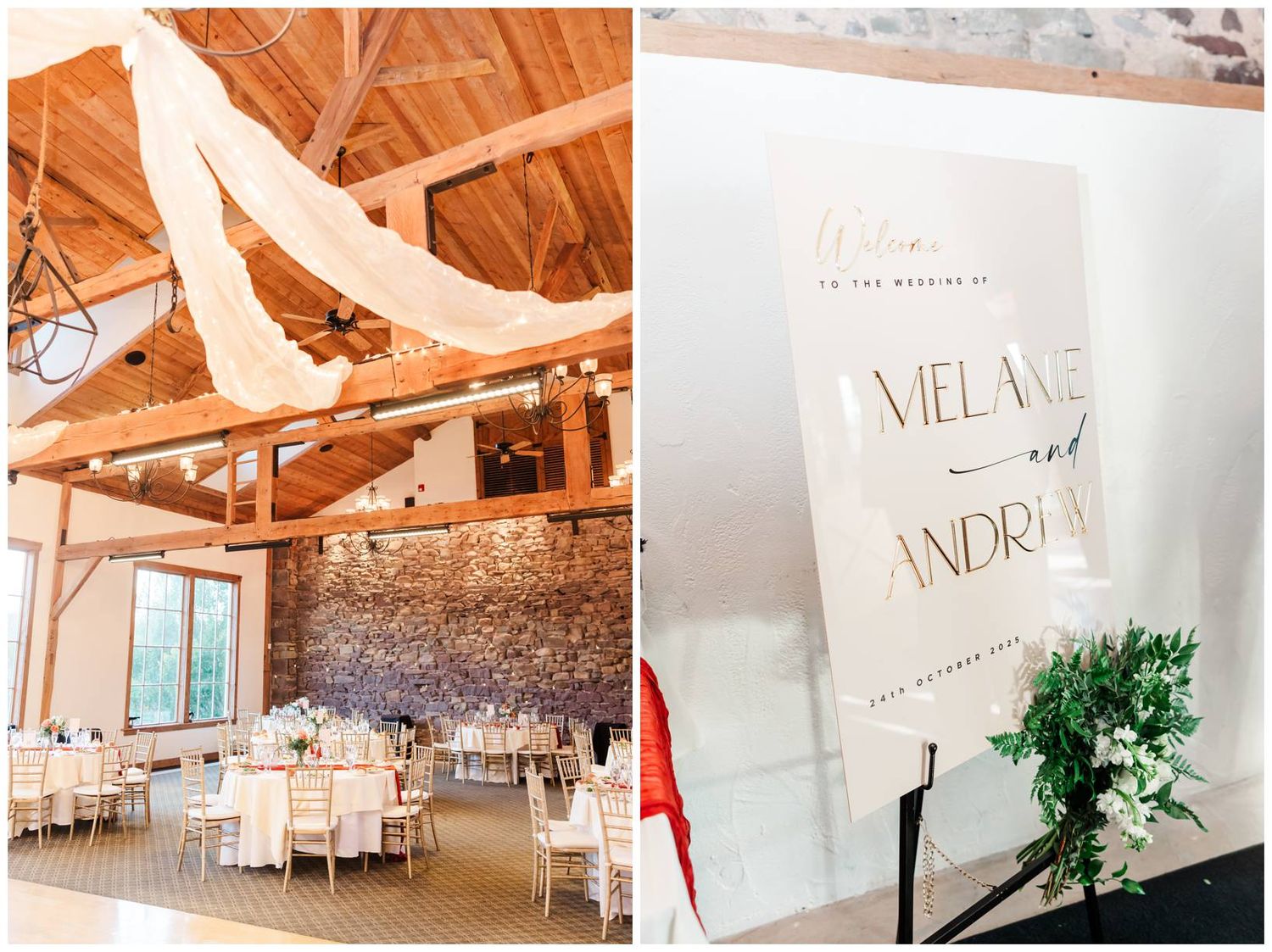 Modern wedding reception venue with white decor and exposed wooden beams.