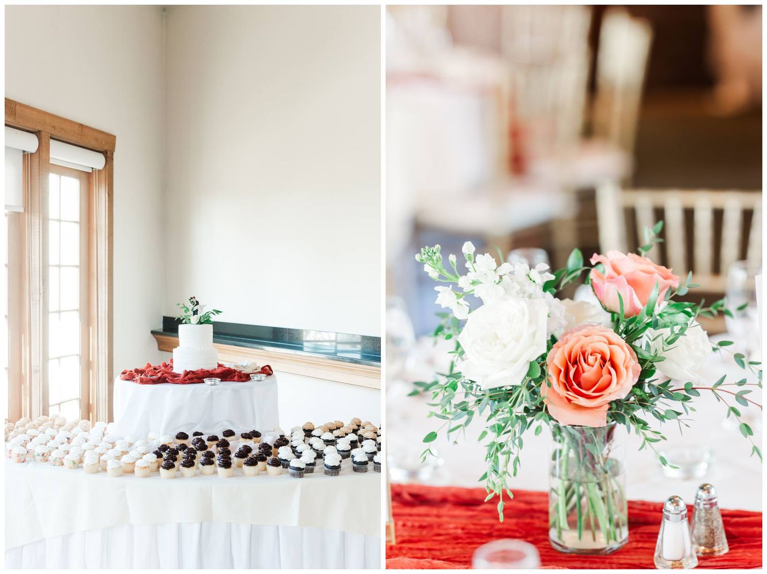 Wedding reception table decorated with pink roses, red accents, and elegant floral centerpieces.