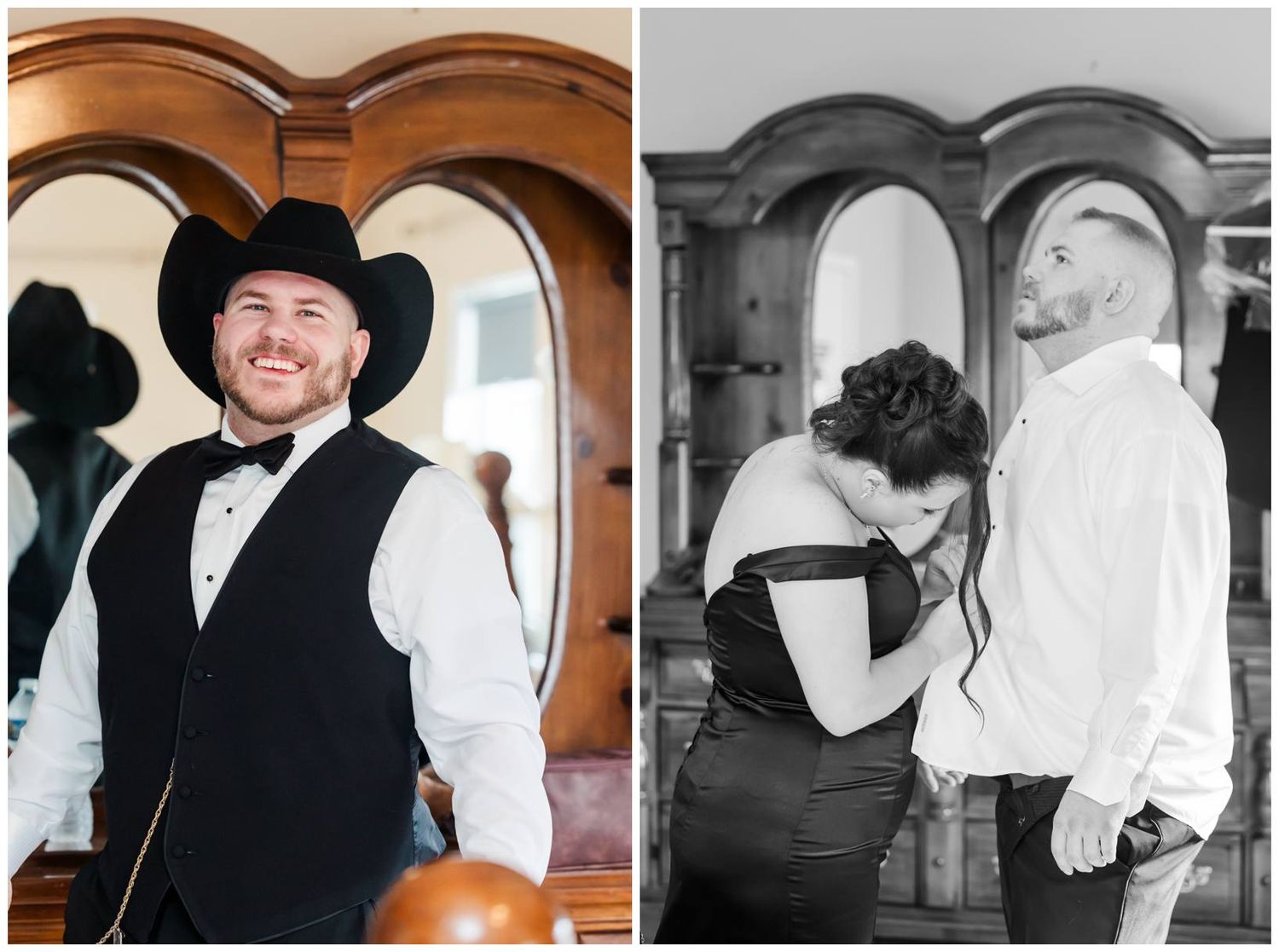 Black and white wedding photos showing candid moments of a couple celebrating their special day.