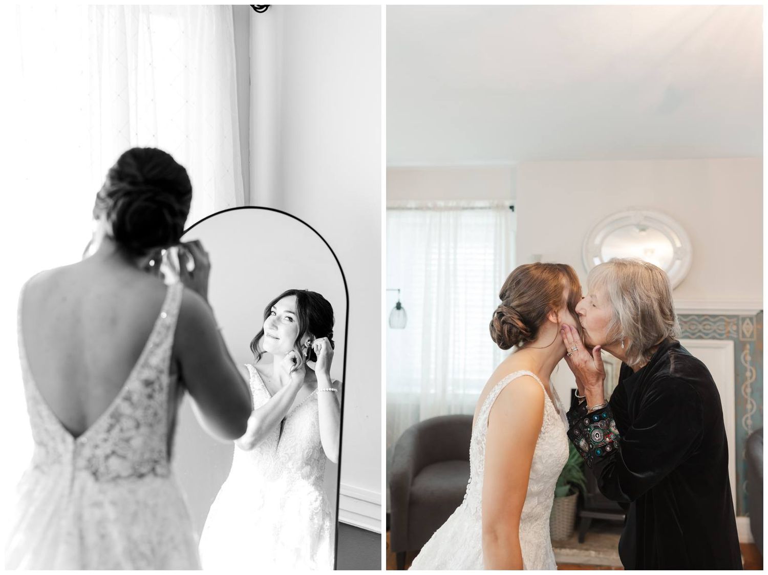 A romantic wedding photo collage showing tender moments between the newlyweds in black and white and color.