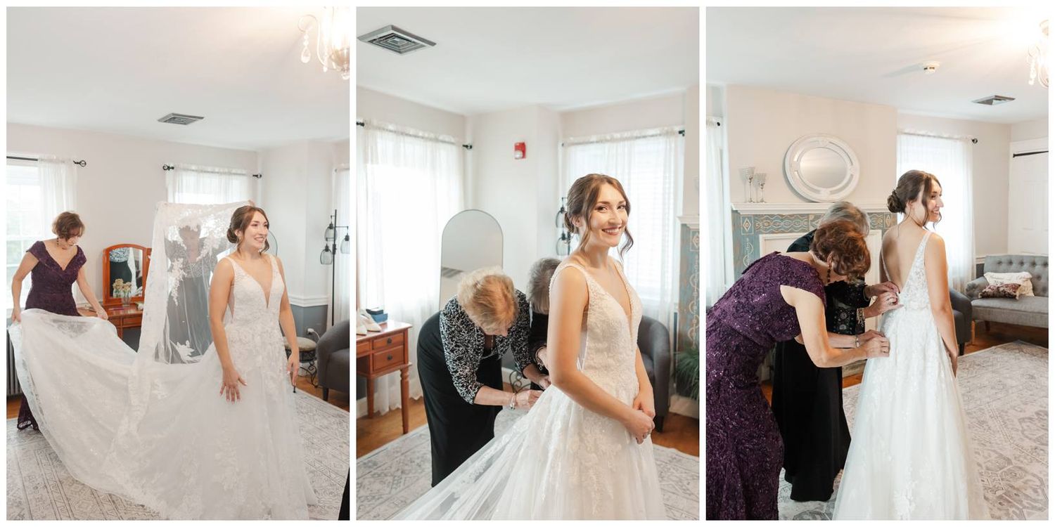 Wedding preparation moments captured in a bright indoor setting with natural light streaming through windows.