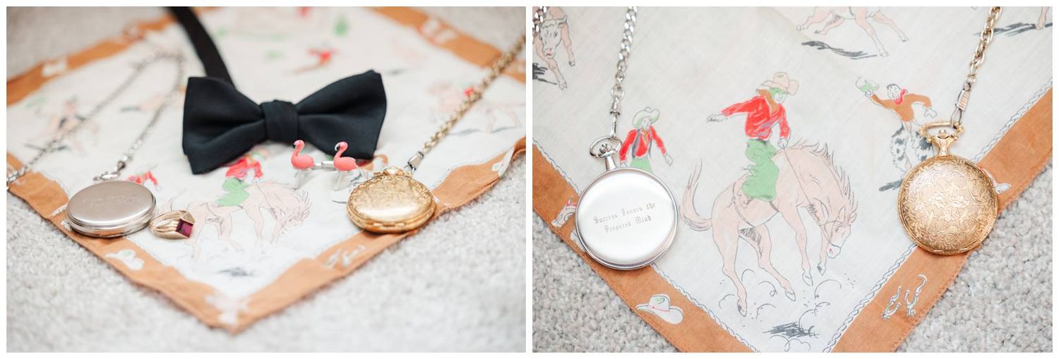 Wedding accessories including bow tie and pocket watch arranged on textured marble and pink backgrounds.