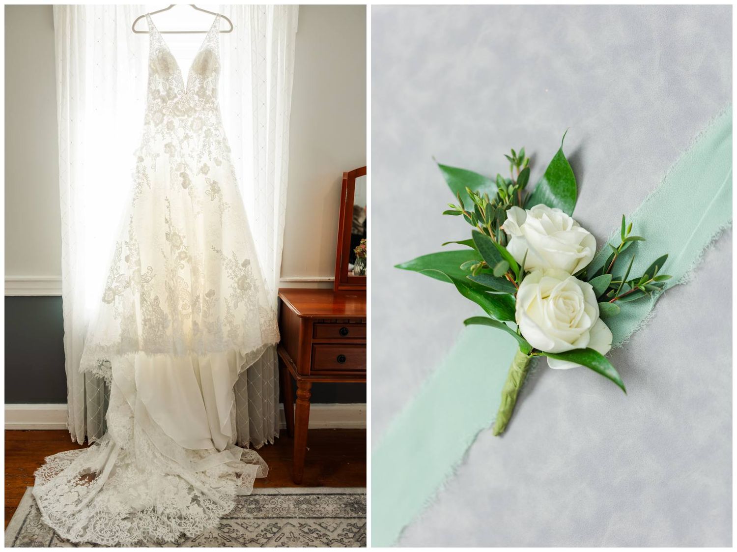 Elegant white wedding dress details with lace and floral elements in soft natural lighting.