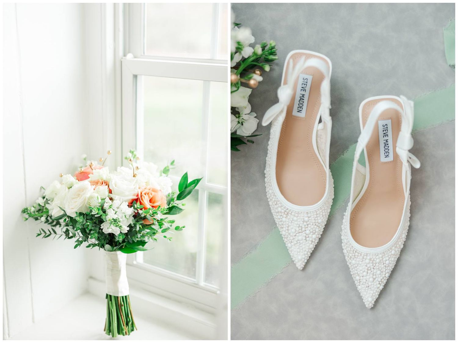 White lace bridal shoes and floral bouquets arranged on a light gray surface with romantic styling elements.