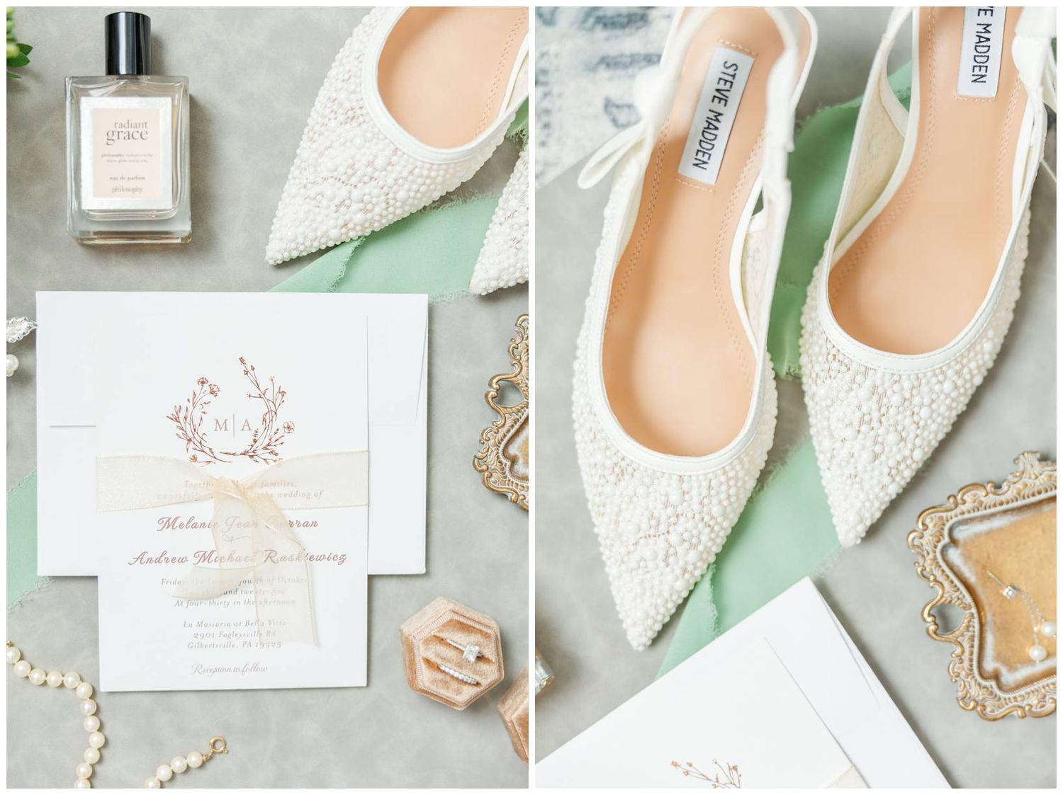 Elegant white lace bridal shoes and wedding stationery arranged on mint green background with delicate pearl accessories.