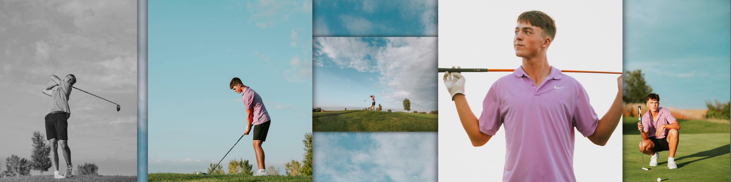 Collage of golf players practicing swings and putting on various courses with scenic backgrounds.