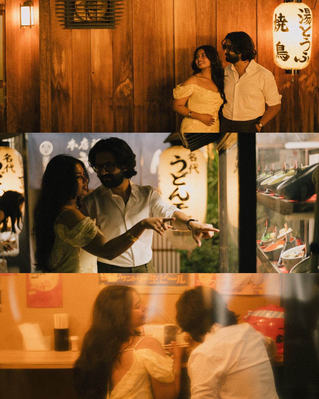 Couple posing near Japanese restaurant signs and lanterns in a vibrant night street scene.