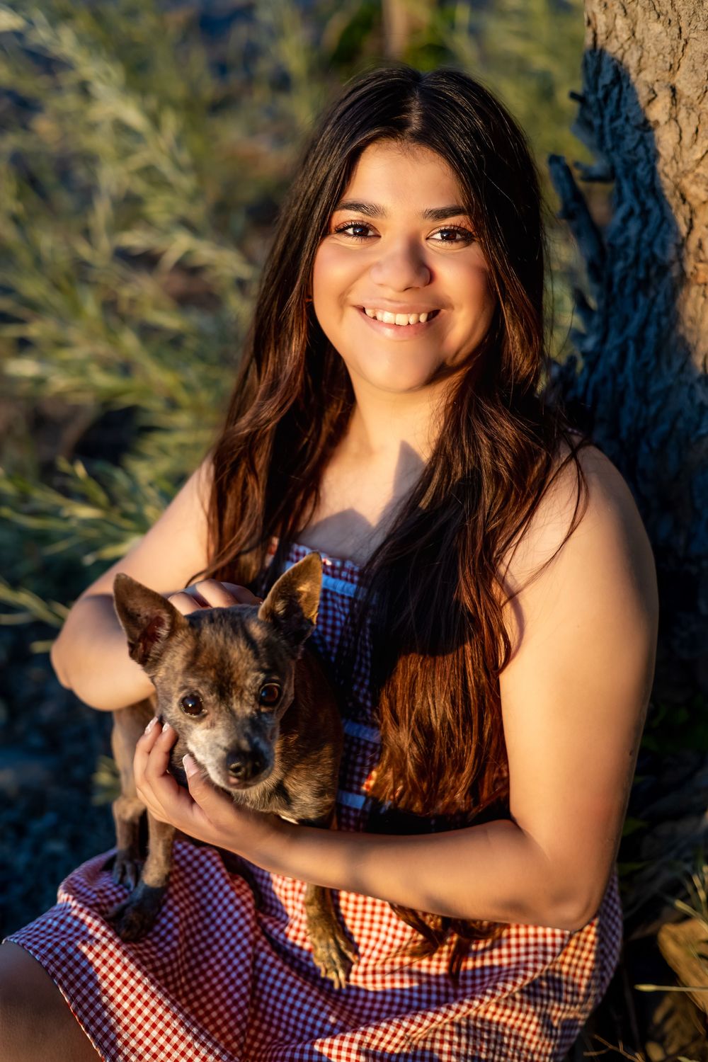 A woman in a checkered dress holds a small grey dog while sitting outdoors during golden hour lighting.