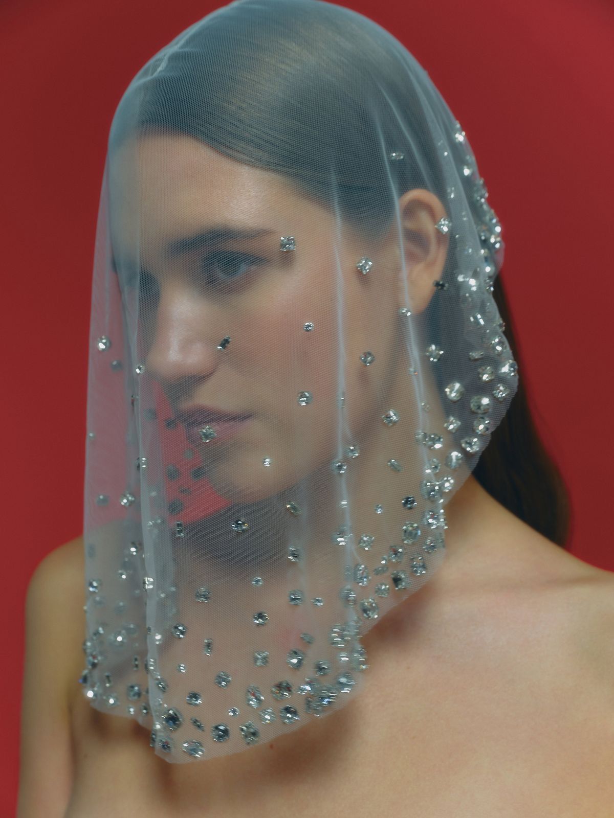 Delicate bridal veil adorned with scattered crystal embellishments against red background.