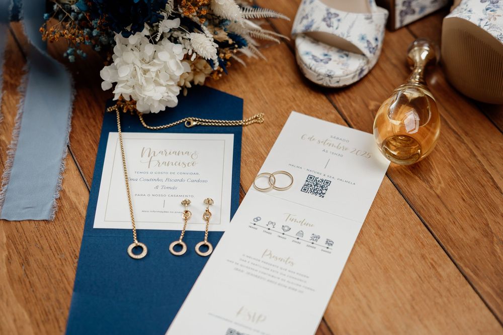 Wedding details including invitation cards, rings, and decorative elements arranged on a wooden surface in navy blue and white.