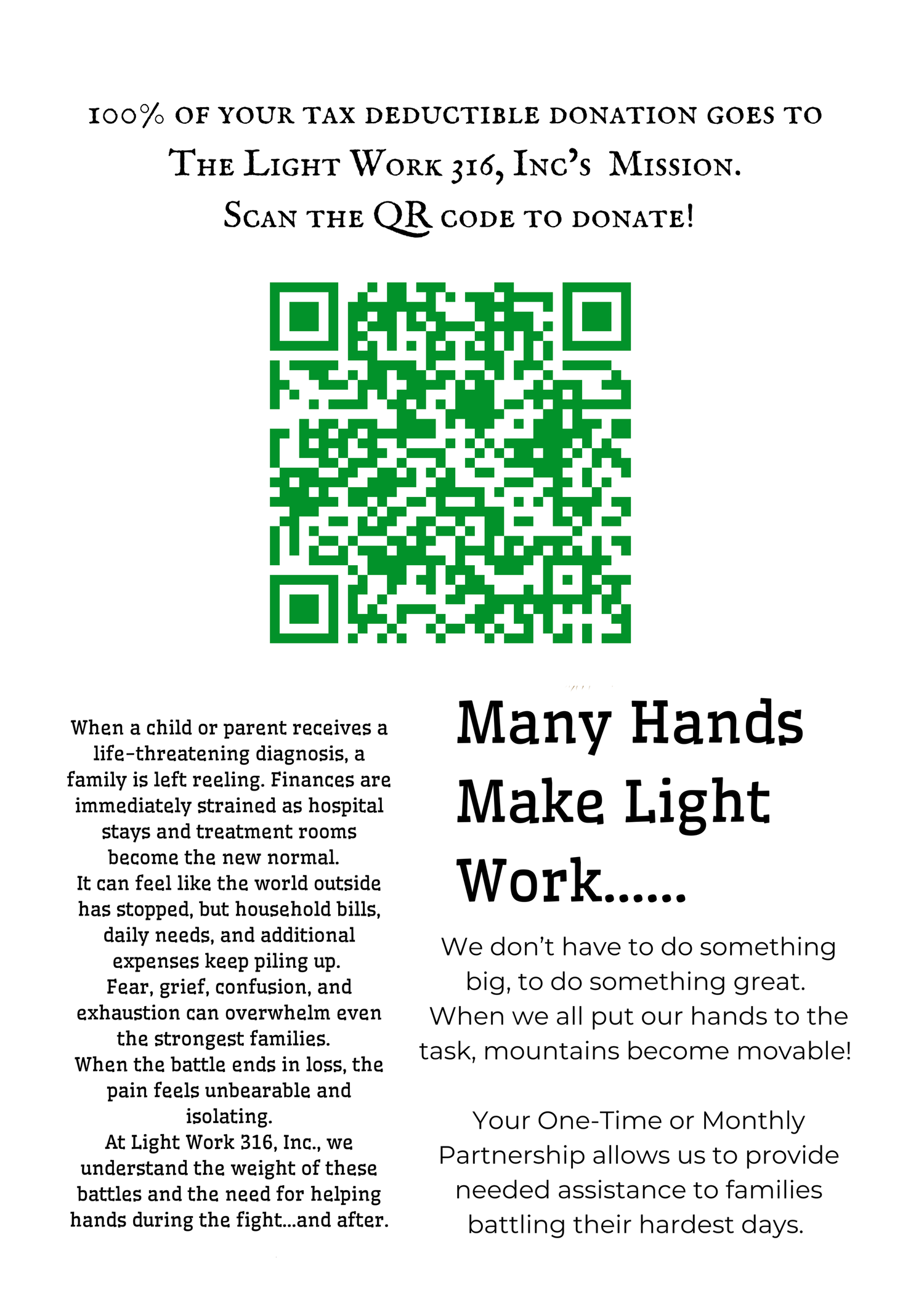 Three QR codes with text snippets about charitable donations and making a difference in the community.