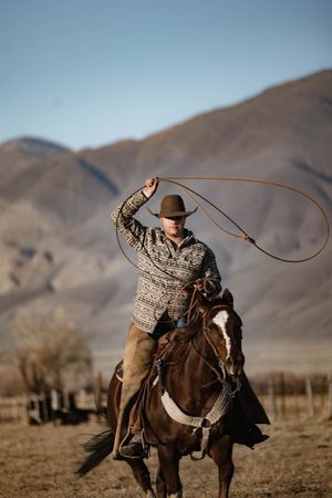 Cowboy on horseback swinging a lasso in a western landscape with mountains in the background.