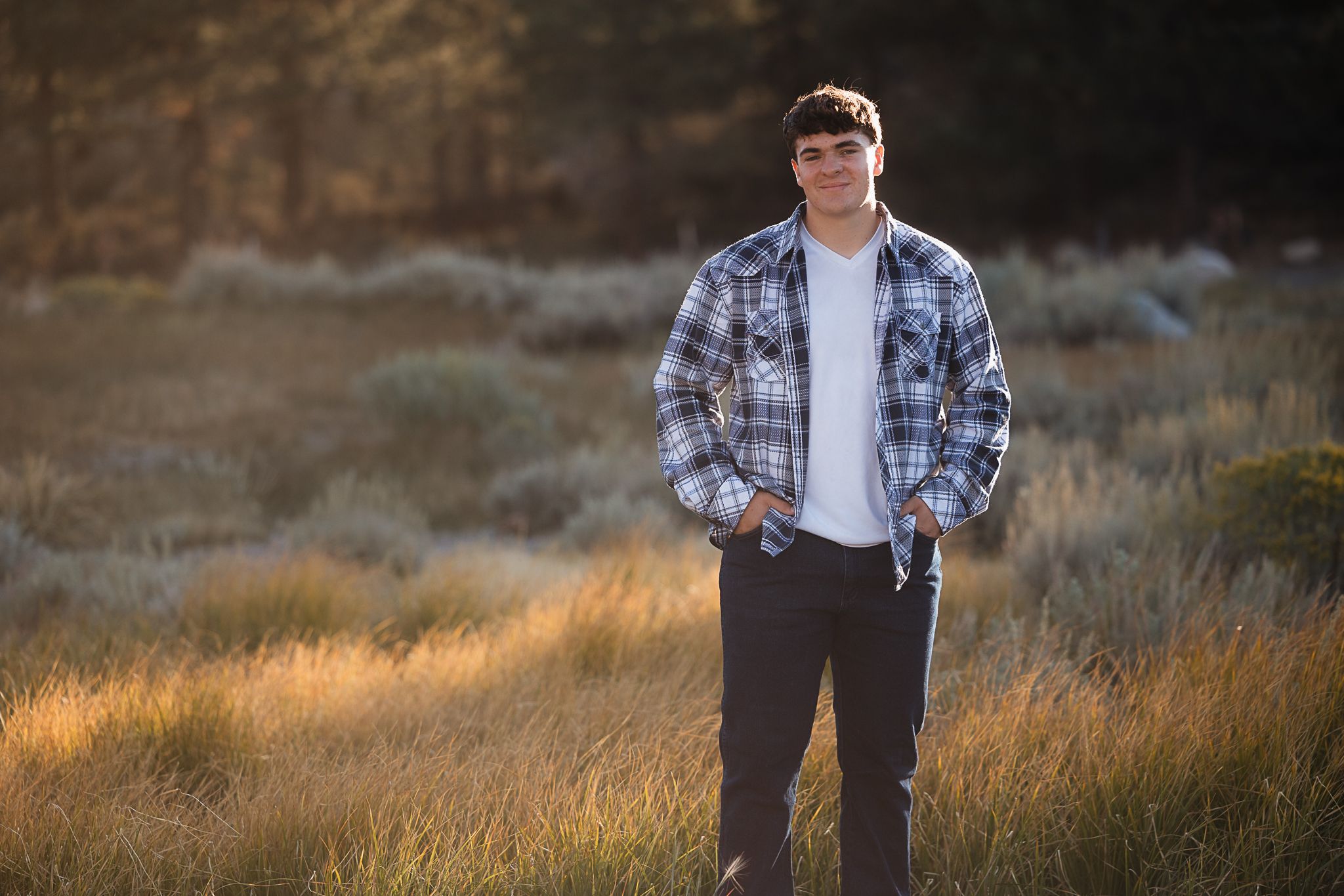 Young man in plaid flannel shirt standing in golden meadow with forest backdrop during sunset.