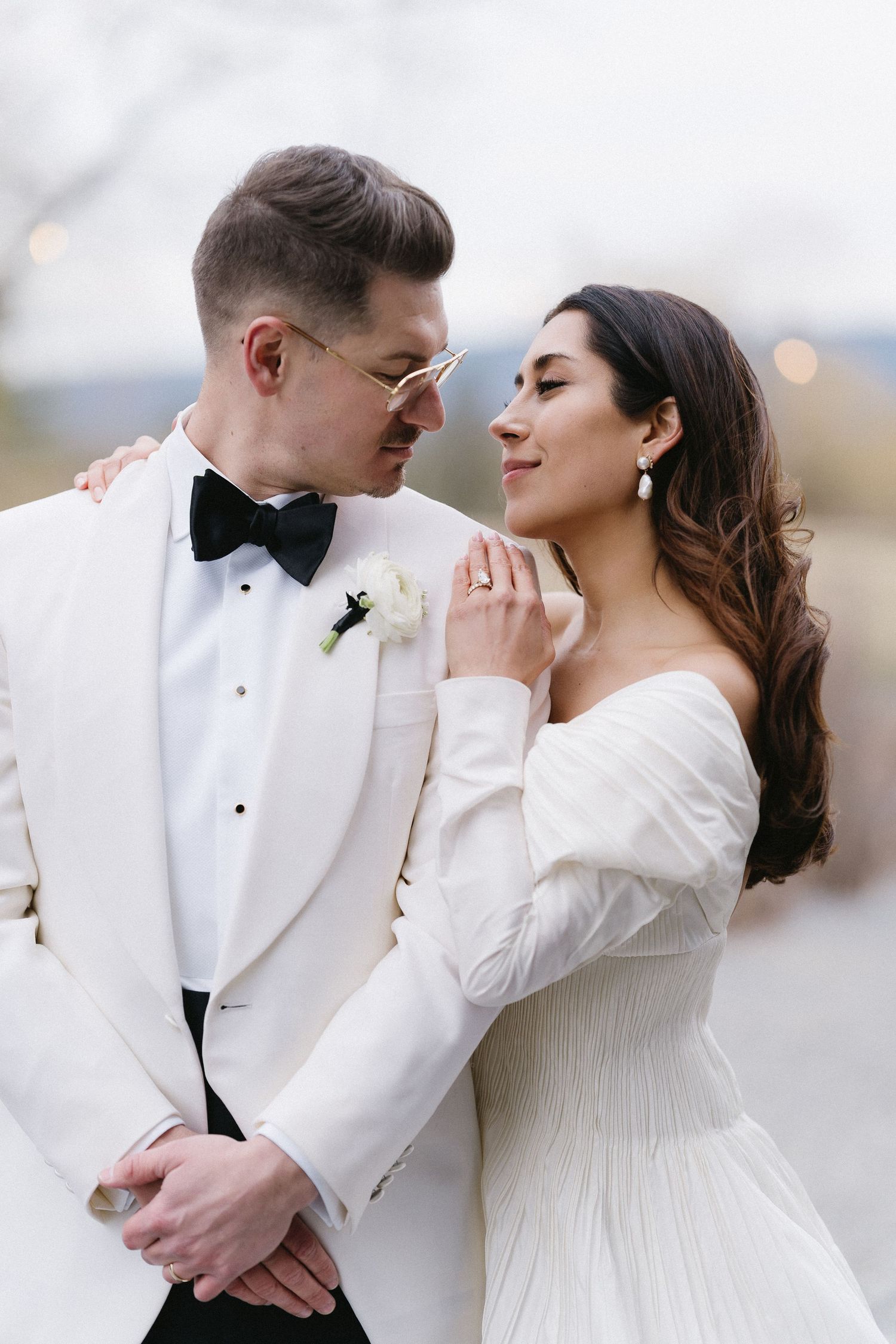 A sequence of wedding celebration photos showing confetti being thrown at a couple in formal attire.