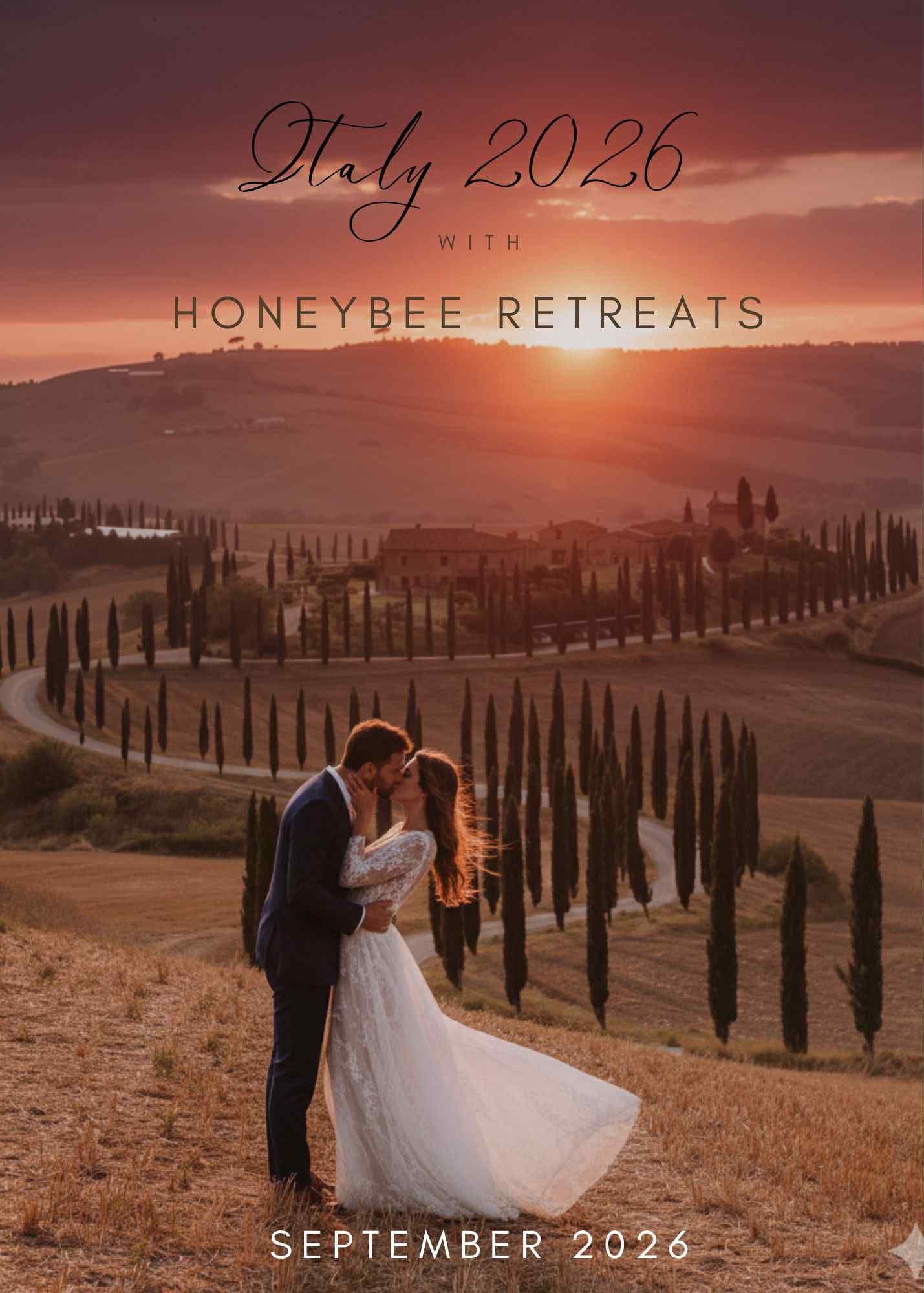 Romantic sunset wedding photoshoot in a rolling Tuscan landscape with cypress trees lining a winding path.