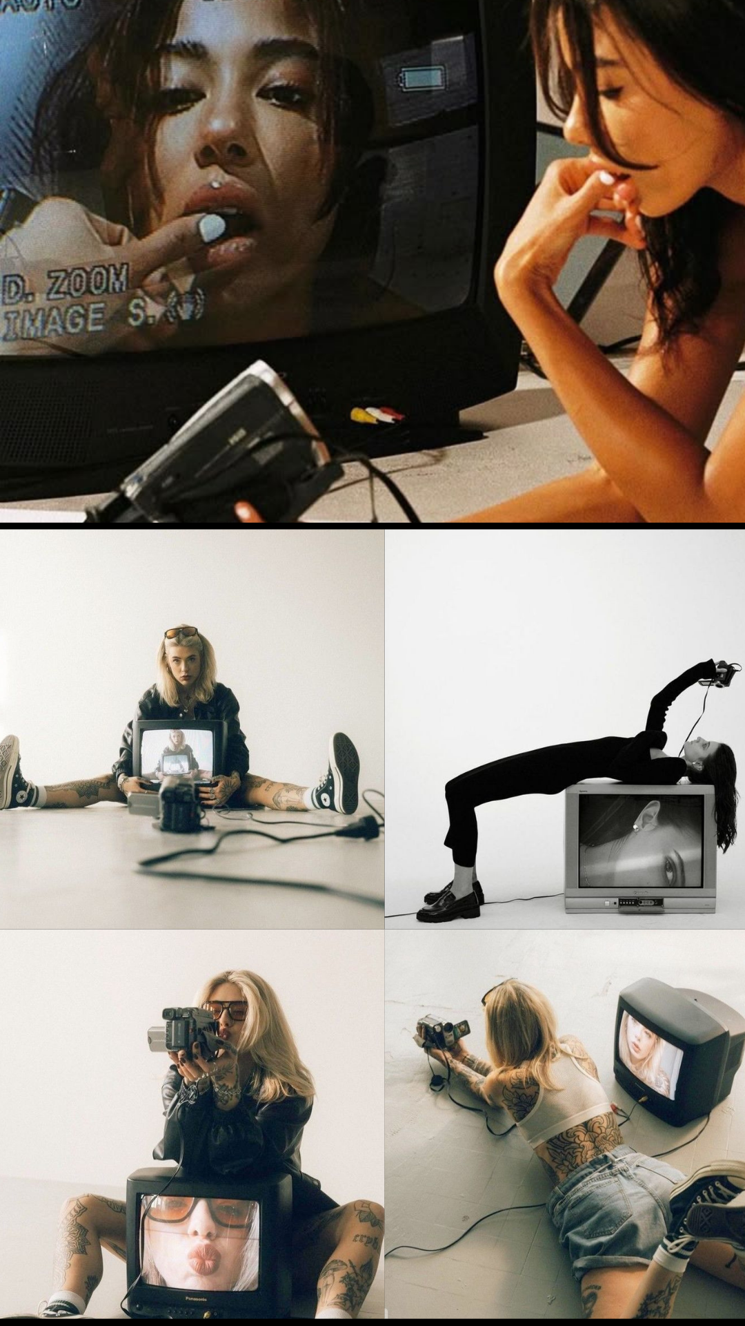 Person in dark clothing poses with camera equipment in various creative angles and compositions in a photo collage.