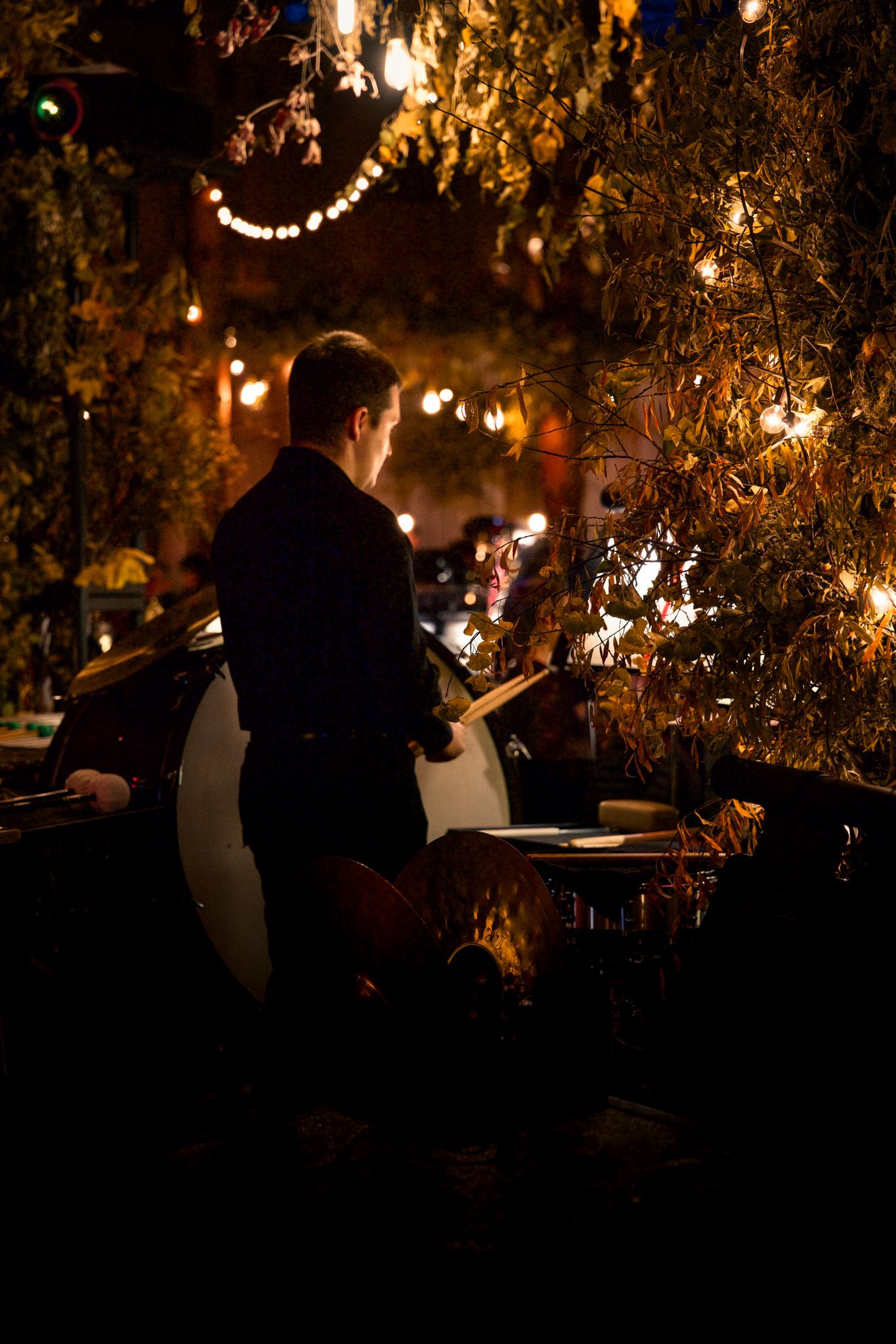 Musician performing in a dimly lit outdoor venue with string lights and foliage overhead.