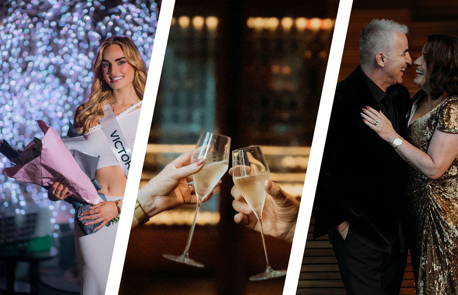 Triptych of celebration moments featuring champagne toast and dancing.