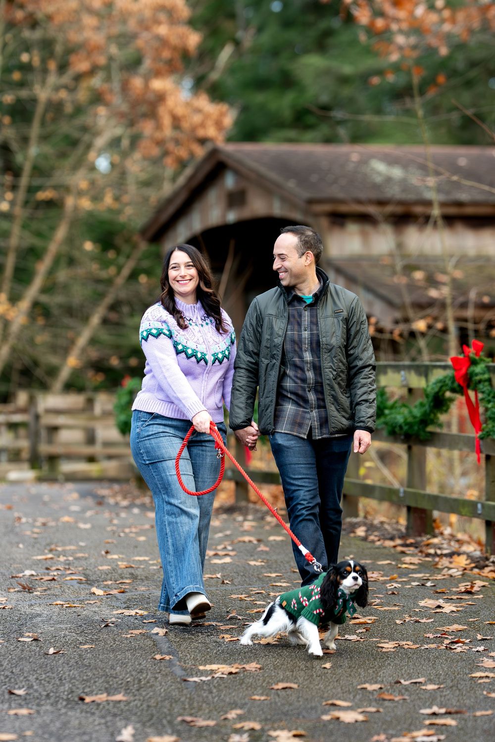 Happy couple strolling with their Cavalier King Charles Spaniel in a Christmas sweater near a covered bridge.