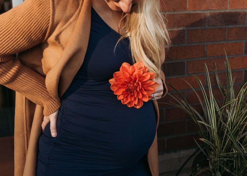 A pregnant woman in a navy dress holds a vibrant orange dahlia flower against a brick wall background.