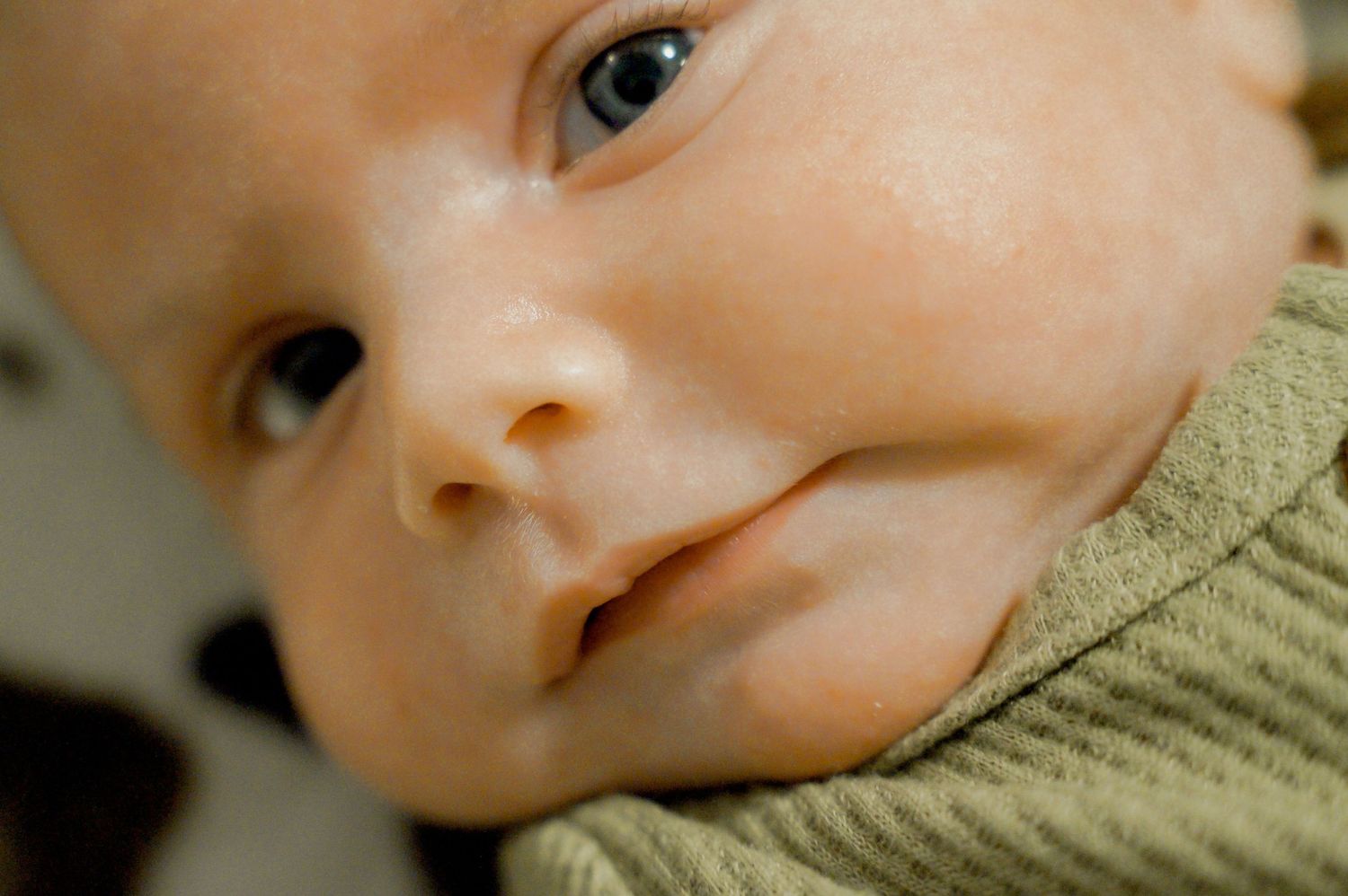 Close up portrait of peaceful newborn baby swaddled in gray blanket.