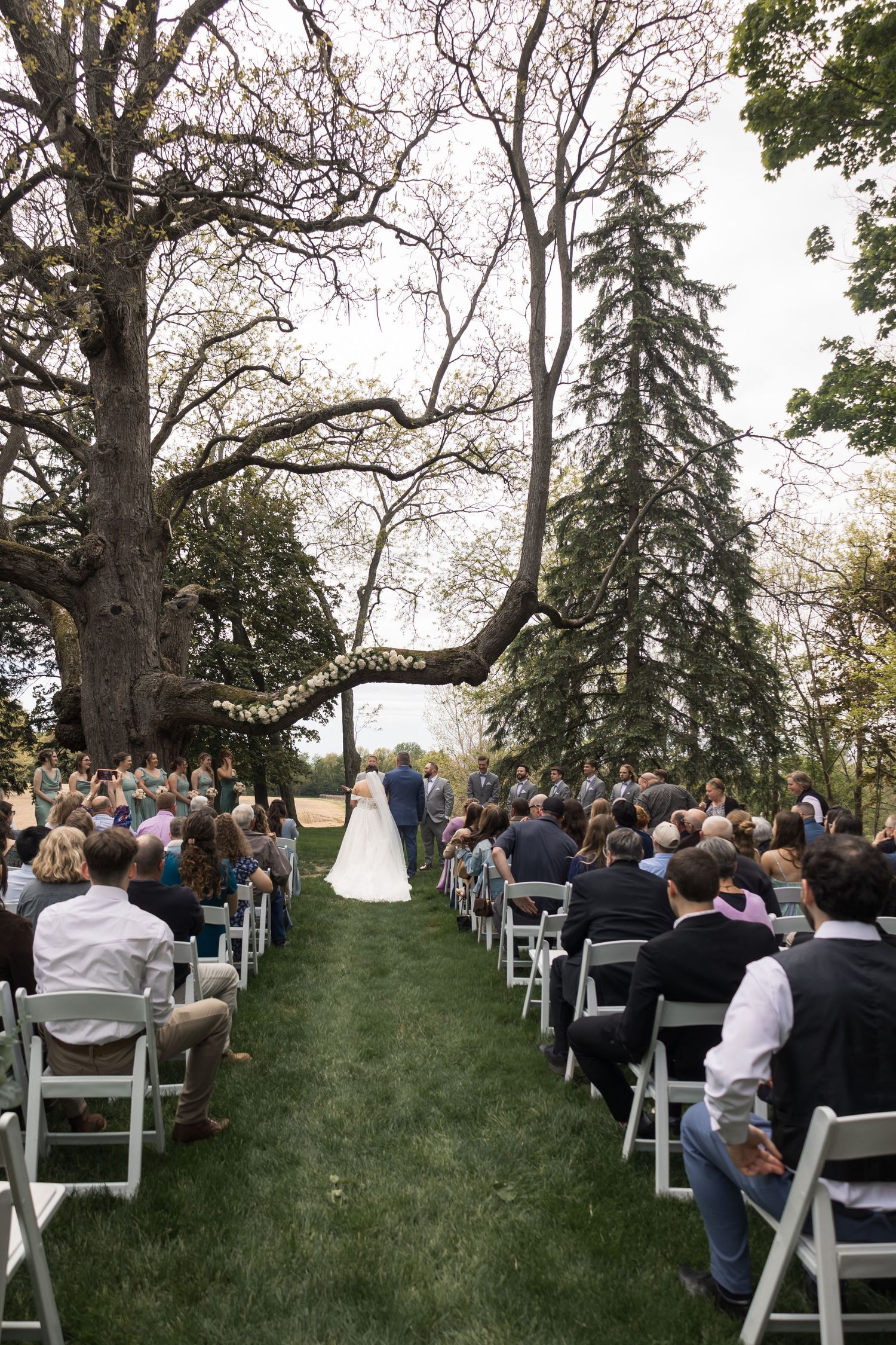 Outdoor wedding ceremony on green lawn with guests seated in white chairs, bride and groom at altar beneath large oak tree.
