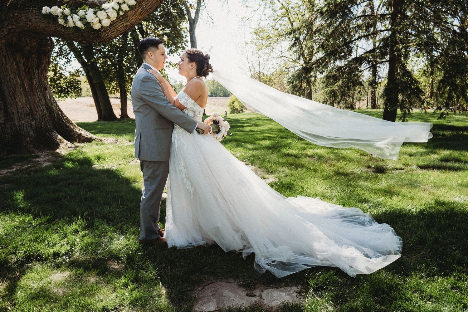 Bride and groom embrace outdoors under a tree, her veil flowing in the wind, on a sunny wedding day.