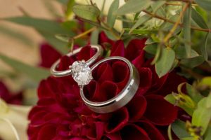 Diamond engagement ring and wedding band nestled on red rose petals with green foliage.