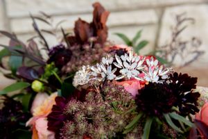 Close-up of delicate white flowers in a dark romantic wedding bouquet.