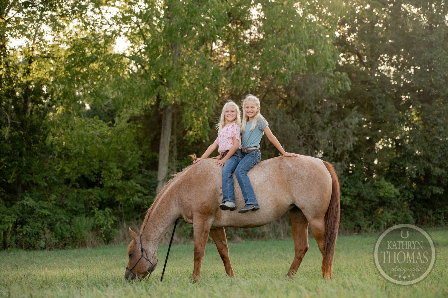 Two riders sit atop a grazing horse in a sunlit field.