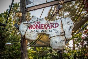A rustic sign reading 'The Boneyard Fossil Fun Site' hangs outdoors among trees with weathered effect.