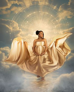 Ethereal figure in flowing golden silk dress floats against dramatic sunset sky with glowing circular patterns.