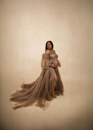 Figure in a flowing taupe tulle gown stands elegantly against neutral backdrop in artistic portrait.