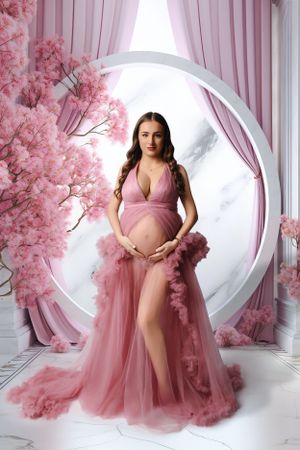 Romantic maternity photo with flowing pink tulle gown and cherry blossoms, circular window. luxury Vanessa Charlotte Photography studio