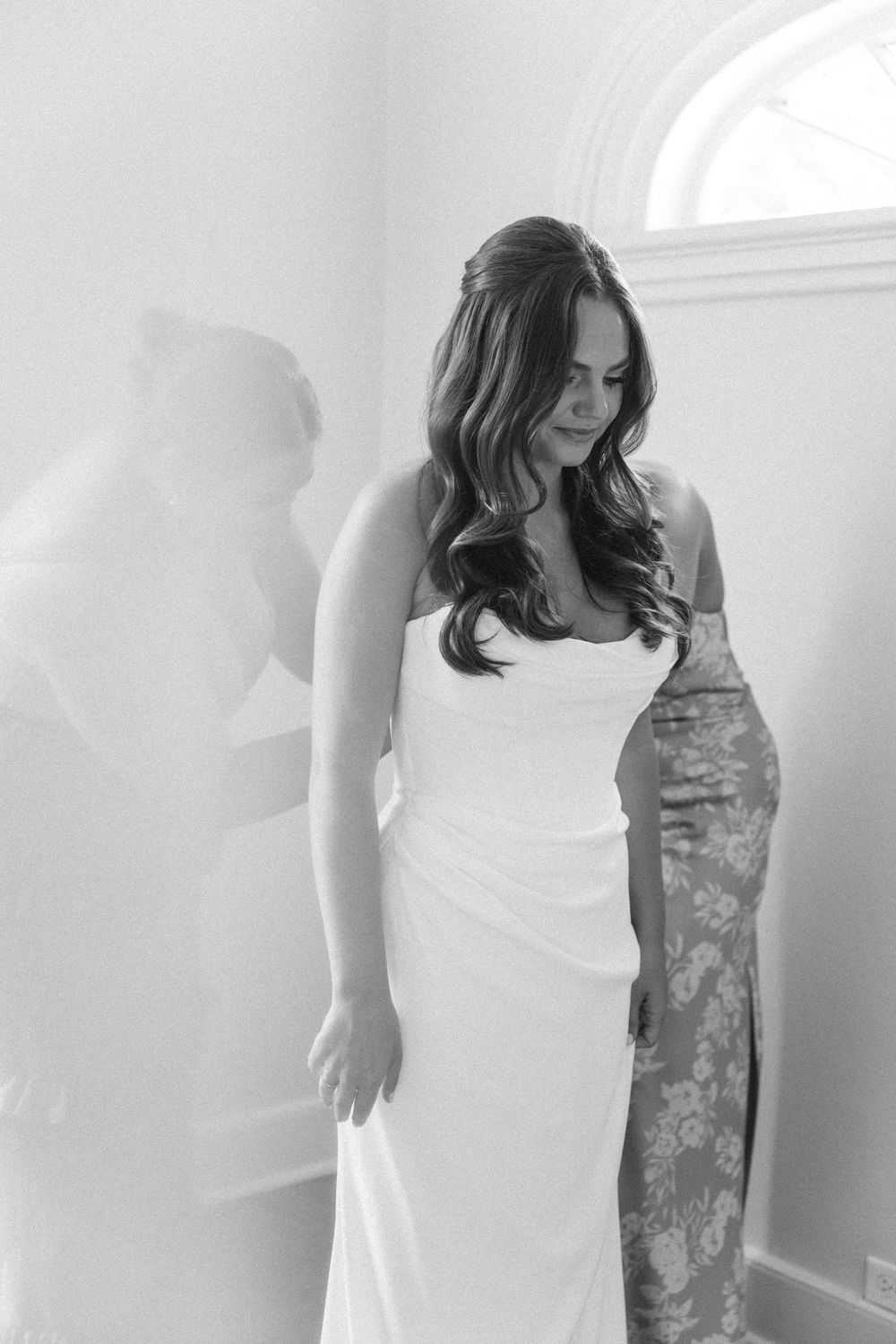 Series of elegant bridal portraits showing a floral dress against a bright white background.