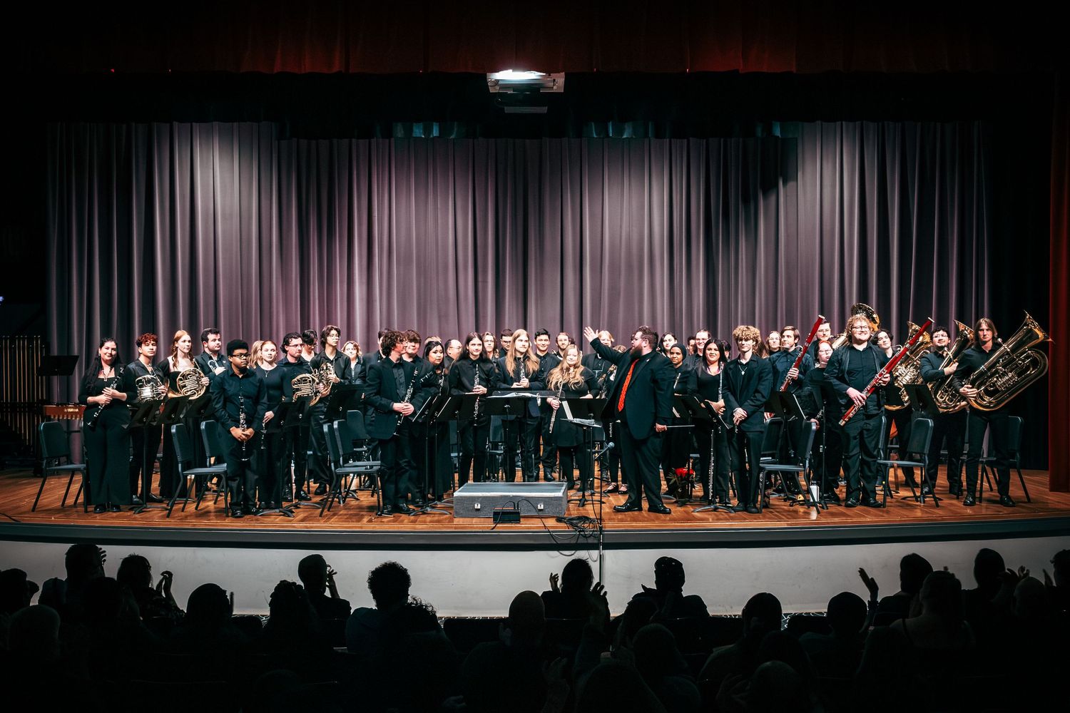 Orchestra musicians perform on a dimly lit stage during a classical concert performance.