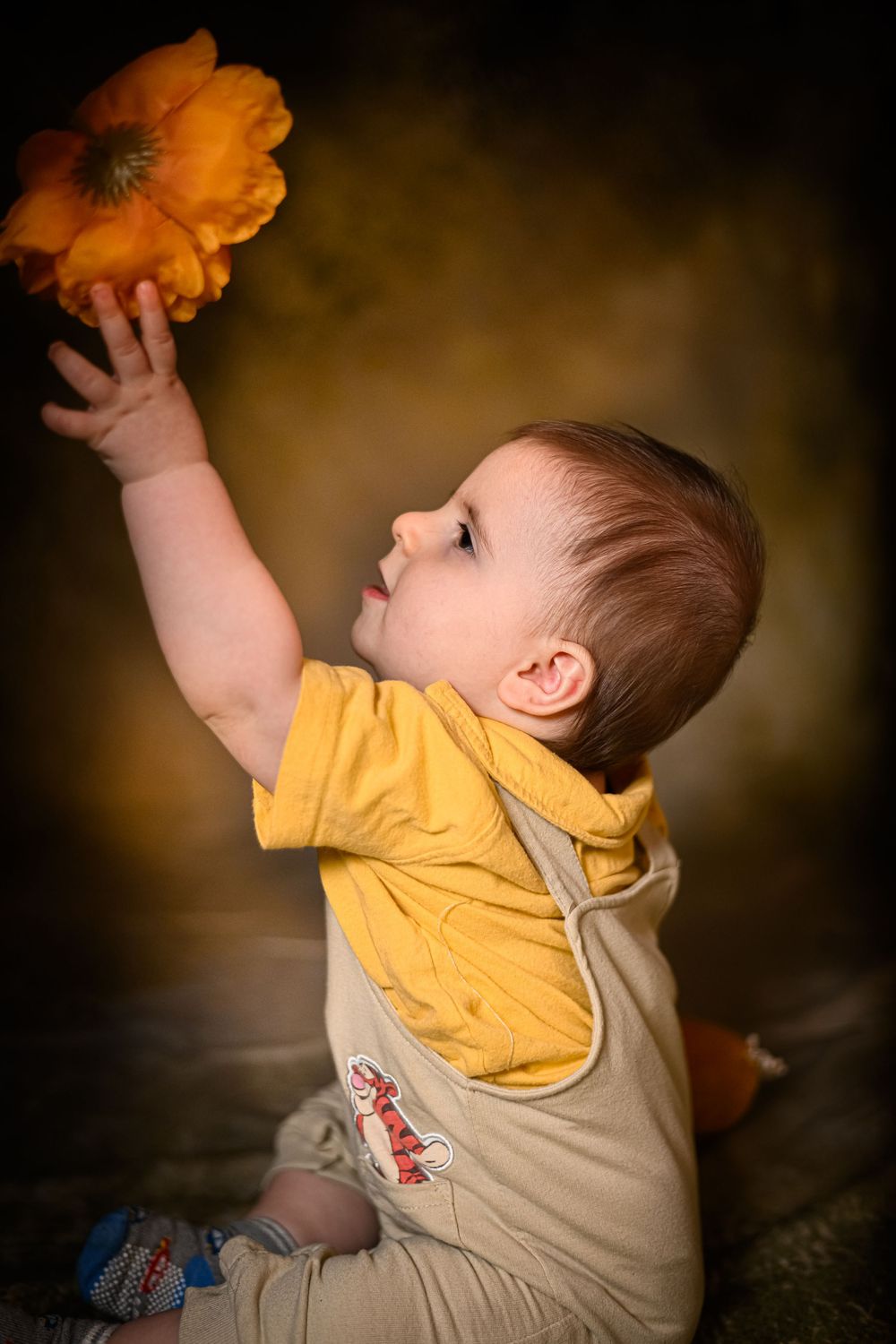 A small child in yellow and beige clothing reaches up to touch an orange flower against a dark background.