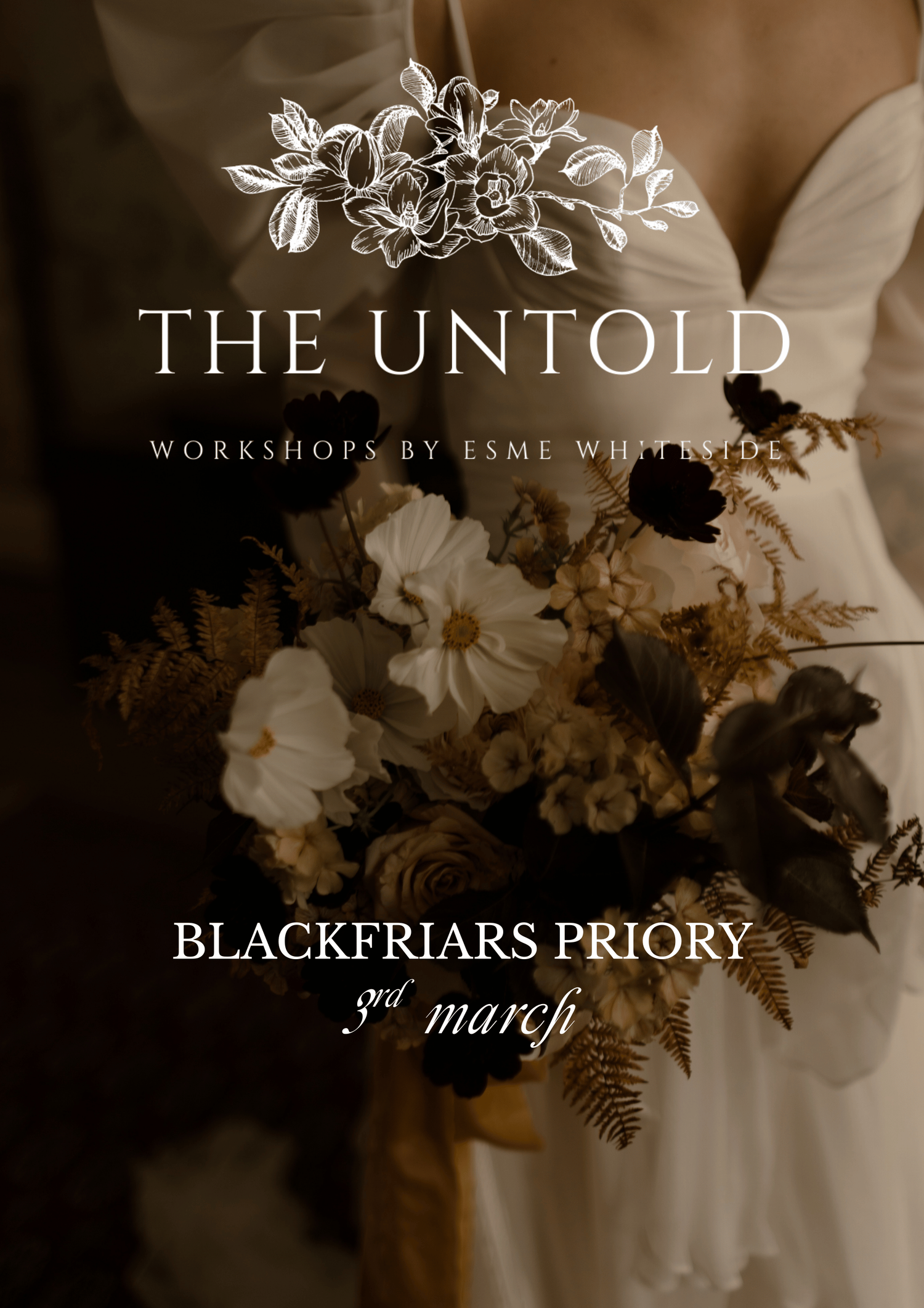 Sepia-toned floral arrangement with white blossoms and text overlay reading 'Blackfriars Priory' in elegant typography.
