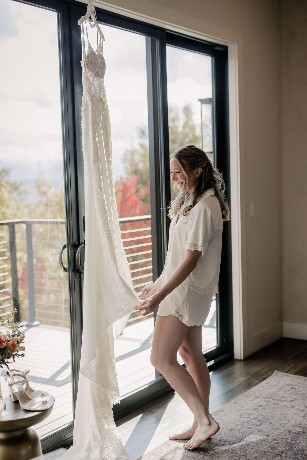 A sequence of photos showing someone adjusting a wedding dress near sunlit windows.