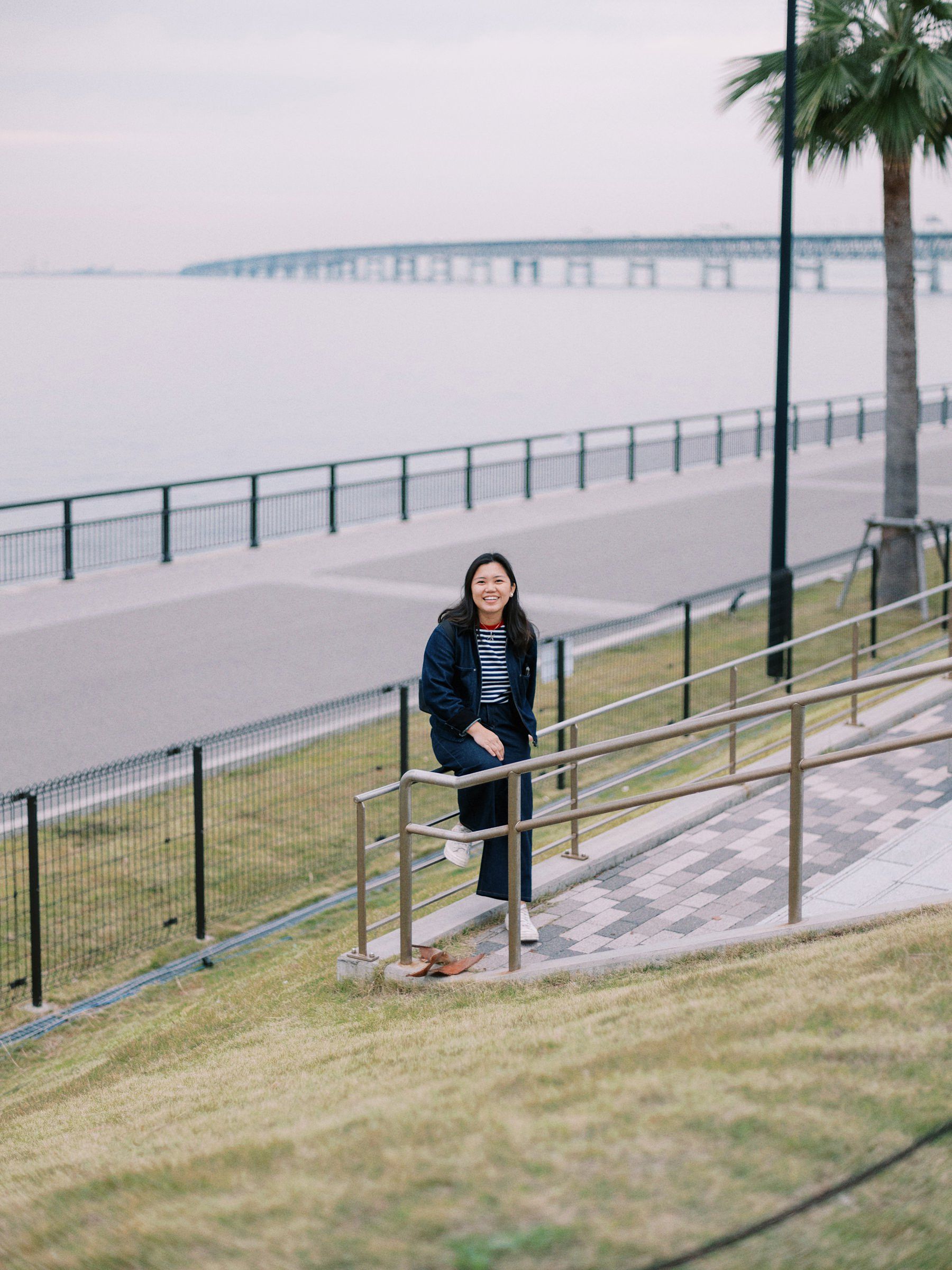 Misty waterfront walkway with railing and palm trees along a grassy embankment.