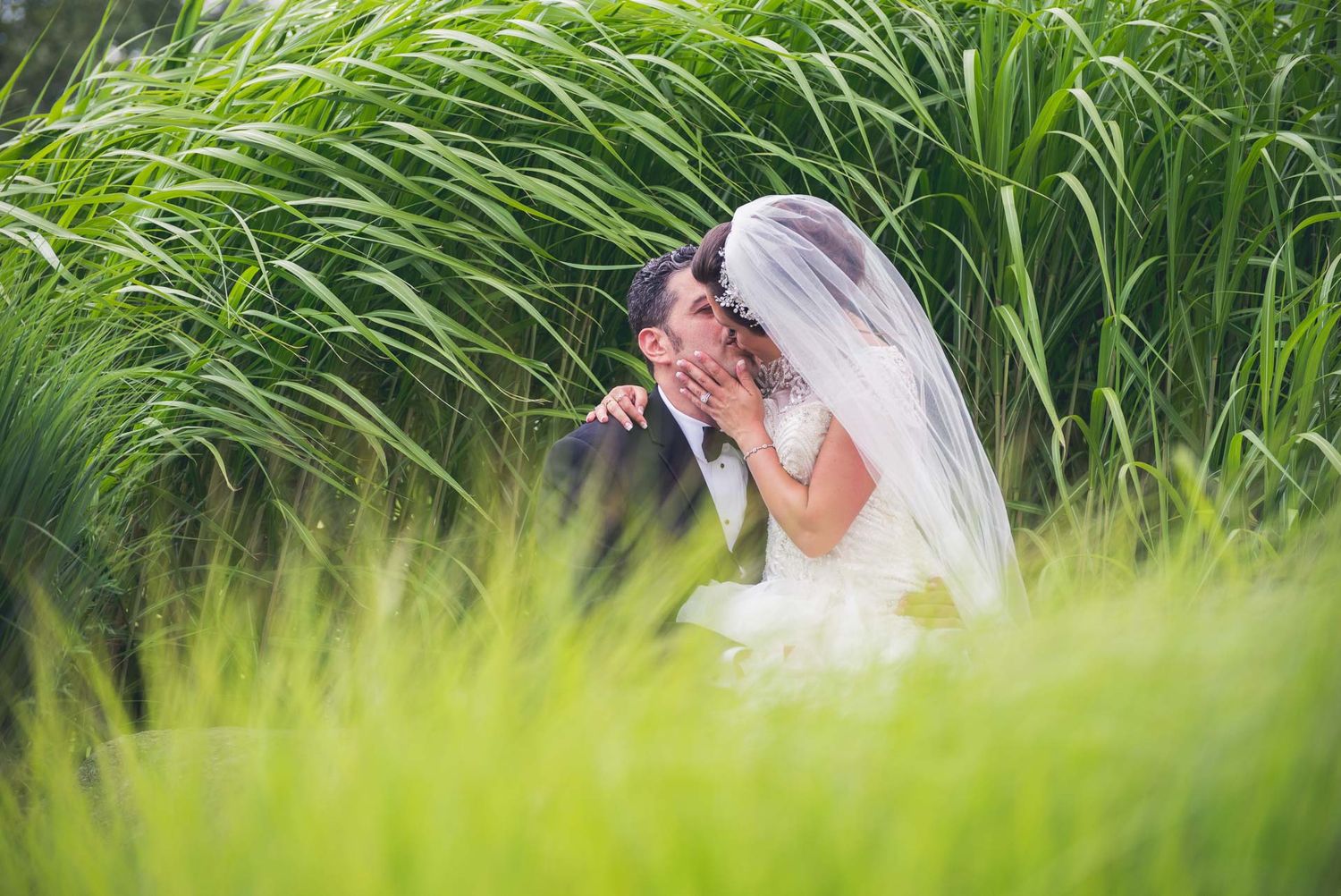 A couple shares a romantic moment in a lush green field with tall grass swaying in the breeze.