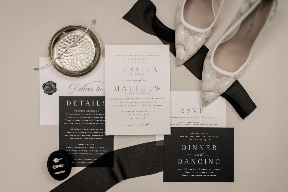 Modern black and white wedding invitation suite with elegant typography and minimalist design.