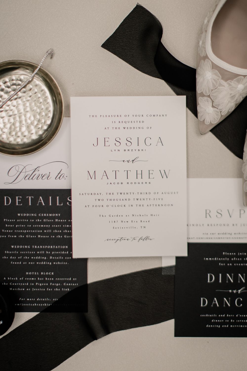 Elegant black and white wedding invitation suite for Jessica and Matthew with formal typography.