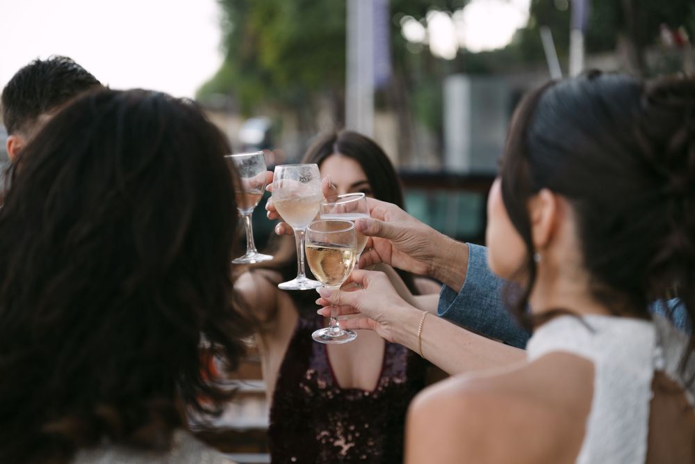 A group of people raise their glasses in a celebratory toast during a social gathering.
